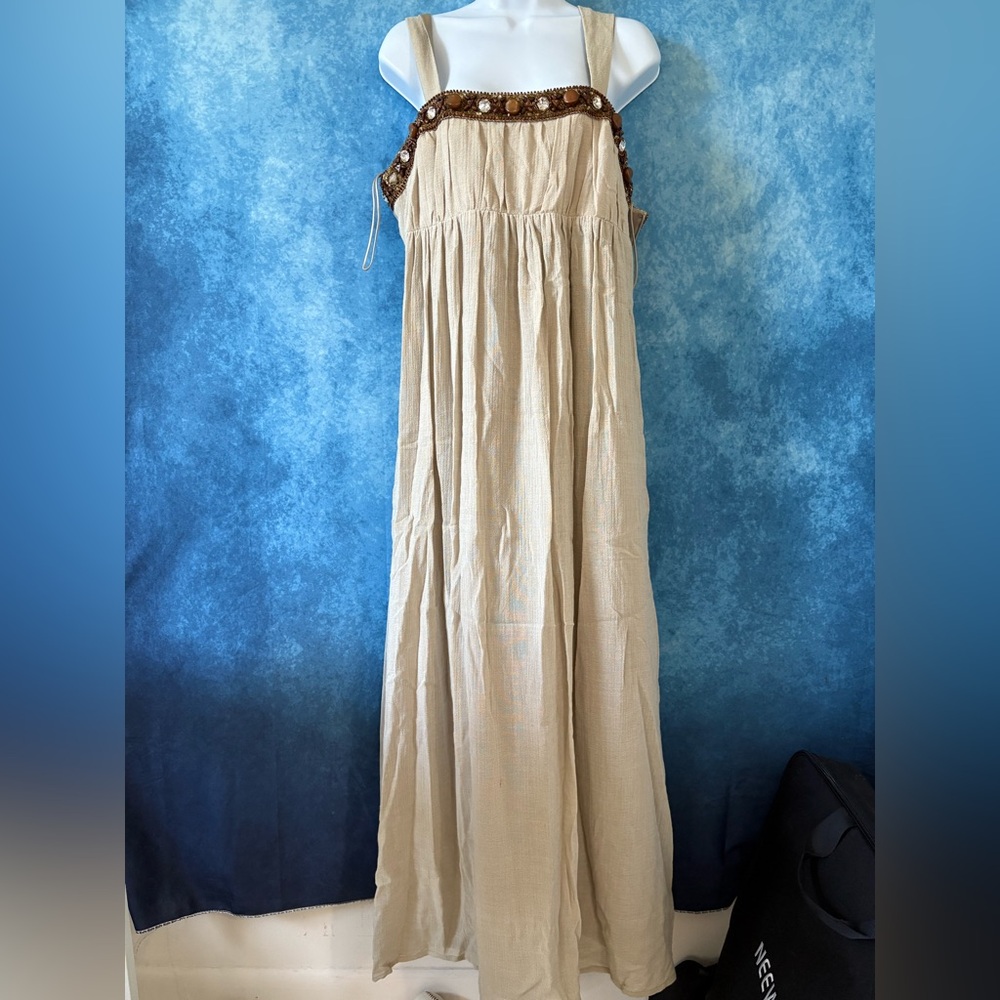 Beaded Waist Strapless Beige Maxi Skirt